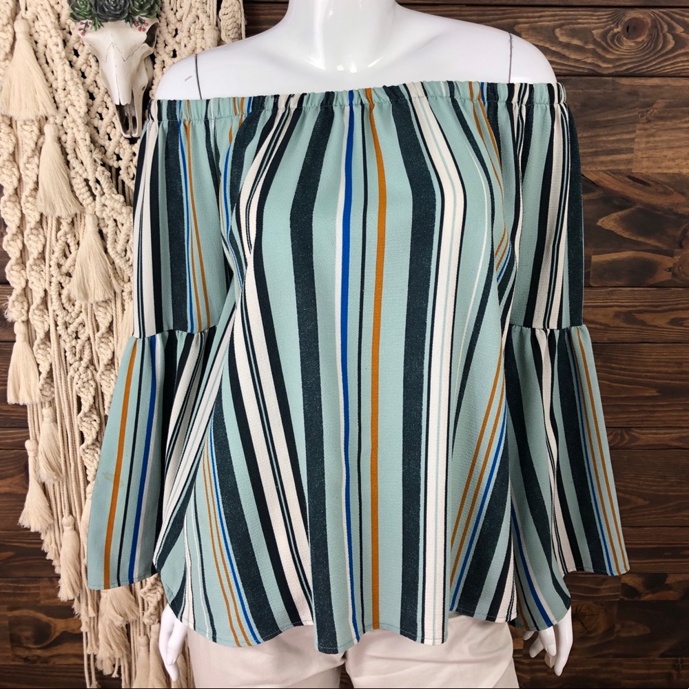 Peppermint | Striped Off‎ Shoulder Bell Sleeve Blouse
